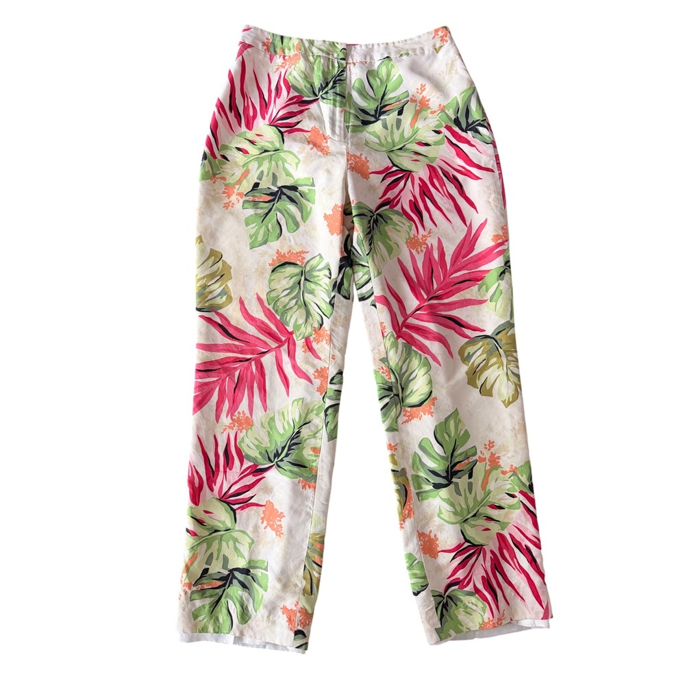 Talbots Women's 8 Pure Silk White Pink Green Lined Straight Leg Pants | SKU 1181